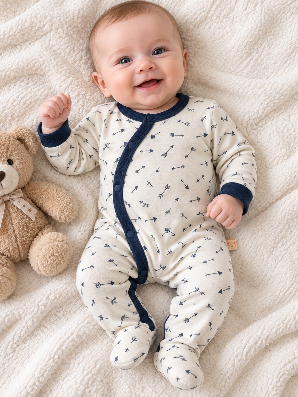 Baby Boy Size 62 Cream & Navy Arrow Print Footed Romper 0–3M